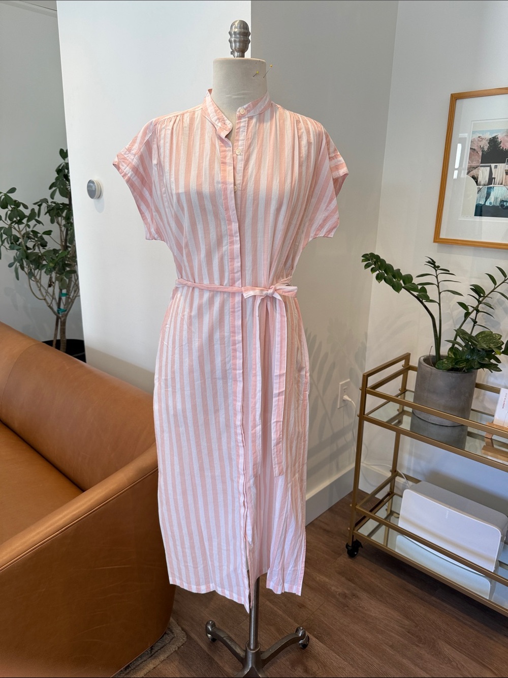 Trovata Pink and White Striped Midi Shirt Dress with Tie